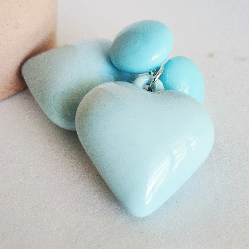 Light Blue‎ Heart Drop Earrings Glossy Puffy Dangle Statement Jewelry Post Back